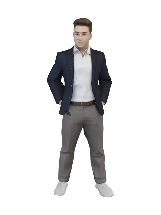 3D model for Create a high-quality realistic 3D character for a modern business simulation game inspired by games like Big Ambitions.

Style:
- Semi-realistic (not cartoon, not anime, not low-poly)
- Clean, modern, optimized for Unity
- Commercial game quality
- Neutral facial expression
- Professional appearance

Character:
- Young adult (male)
- Average build
- Business casual clothing
- Modern jacket or blazer
- Plain t-shirt or dress shirt underneath
- Jeans or chinos
- Clean sneakers or casual shoes
- Modern hairstyle
- No exaggerated proportions
- No fantasy or sci-fi elements

Technical Requirements:
- Full-body model
- A-pose or T-pose
- Game-ready topology
- Optimized for real-time rendering
- Separate materials for body, clothing, hair, and shoes
- PBR textures (Base Color, Normal, Roughness,