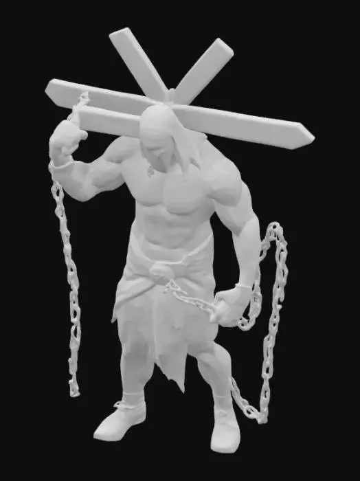 3D model for A faceless characyer with big muscles carrying a cross and onneach hand is a long chain with a seamine on its end