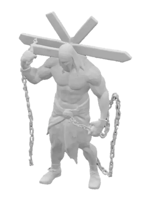3D model for A faceless characyer with big muscles carrying a cross and onneach hand is a long chain with a seamine on its end