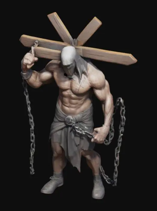 3D model for A faceless characyer with big muscles carrying a cross and onneach hand is a long chain with a seamine on its end
