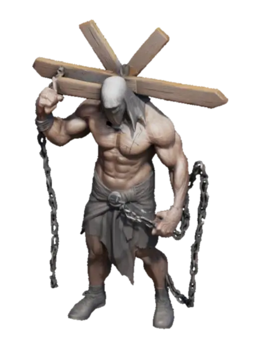 3D model for A faceless characyer with big muscles carrying a cross and onneach hand is a long chain with a seamine on its end