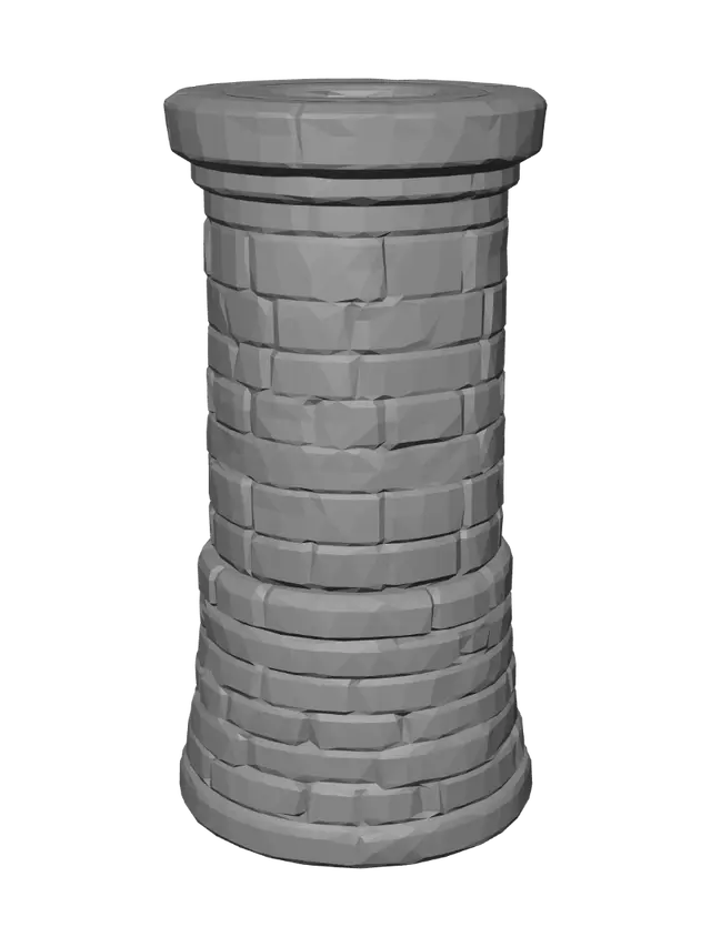 3D model for Create a tall, stylized stone well inspired by the Pokémon game universe as a single 3D printable object. The well is a simple hollow cylinder with continuous solid stone walls, open only at the top and bottom. Built from clean rectangular stone blocks of uniform size stacked in neat horizontal rows. Thick walls with a wide flat stone rim. Smooth, slightly rounded edges and simple engraved joints. Minimal surface detail, colorful game-style proportions, inspired by Pokémon HeartGold and SoulSilver environments. No side openings, no arches, no windows, no holes in the walls, no wood, roof, rope, bucket, decorations, moss, terrain, water, or plants. Single watertight manifold mesh with clean topology and a flat bottom, optimized for FDM printing with a 0.4 mm nozzle.