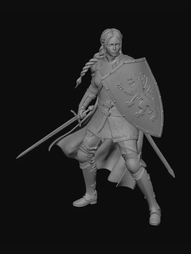 3D model for female long hair in chainmail knee lenght boots with longsword and shield