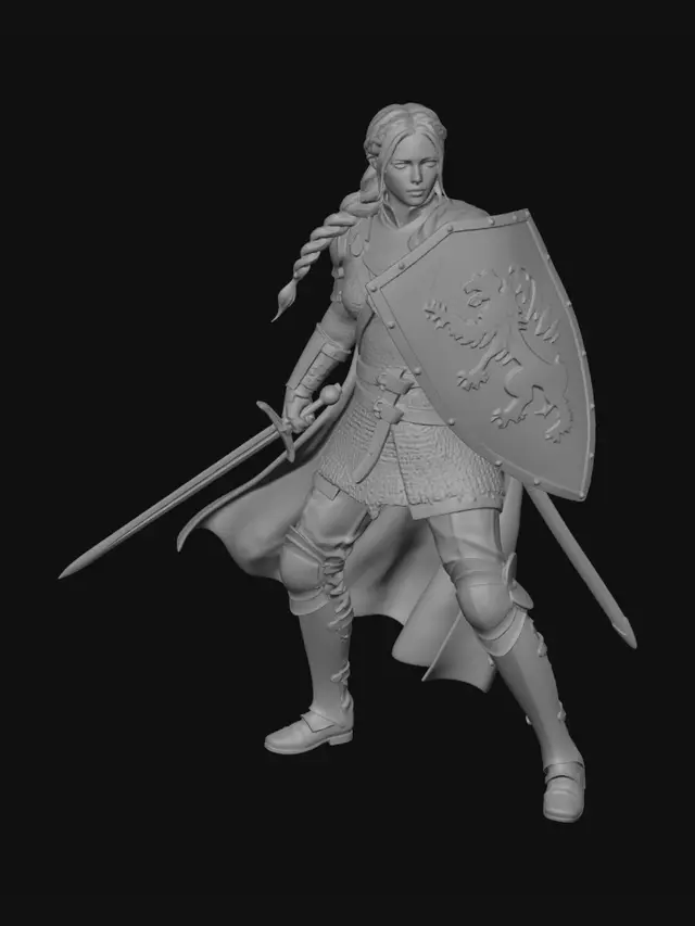 3D model for female long hair in chainmail knee lenght boots with longsword and shield