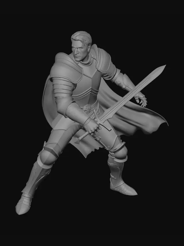 3D model for male knight  in plate armour sword  in right hand attacking stance