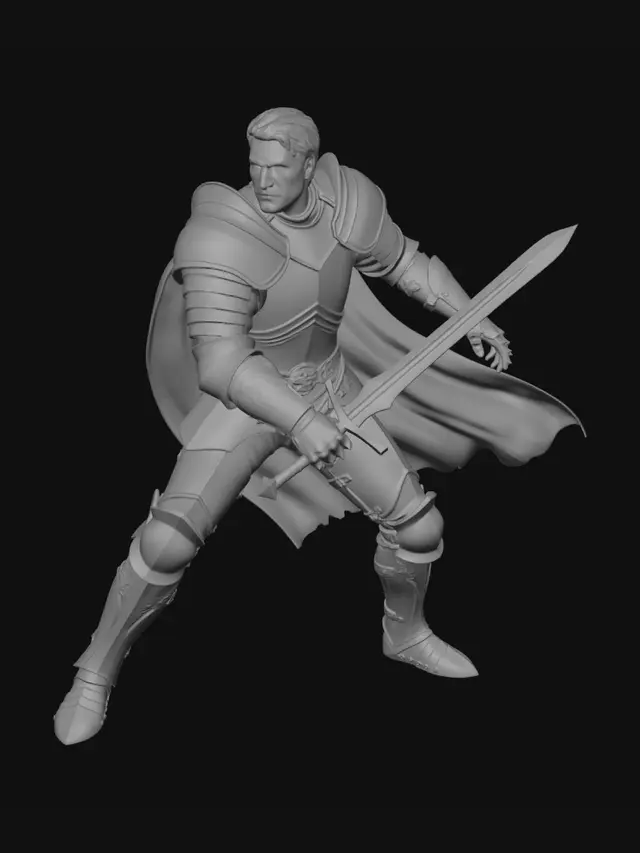 3D model for male knight  in plate armour sword  in right hand attacking stance
