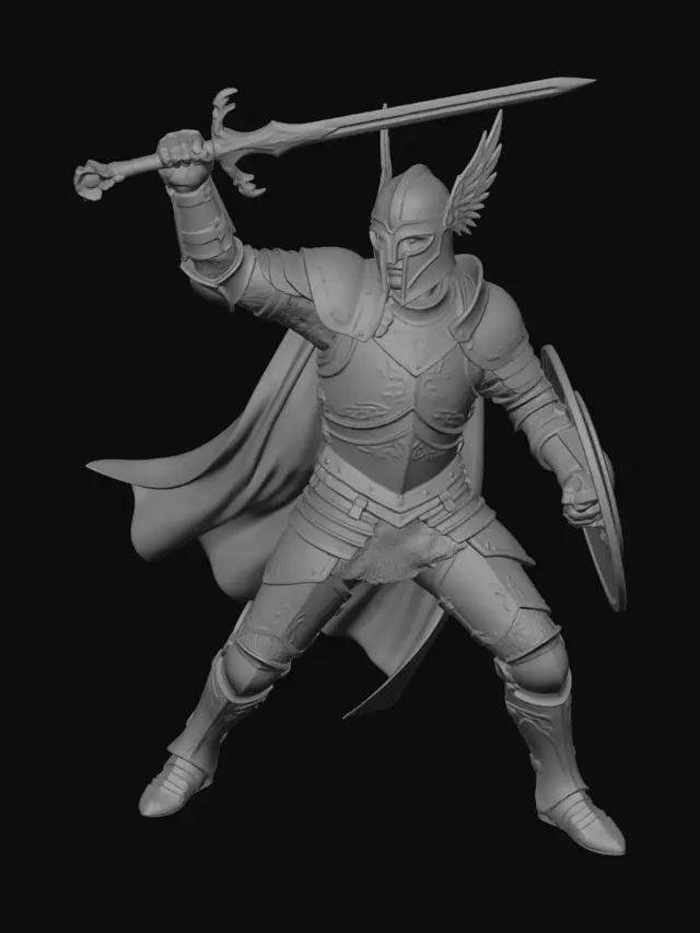 3D model for male knight ornate plate mail armour ornate longsword with a dragon claw pommel holding a sphere  right arm attacking over head angled behind  round shield in left hand wide battle stance open face winged helm