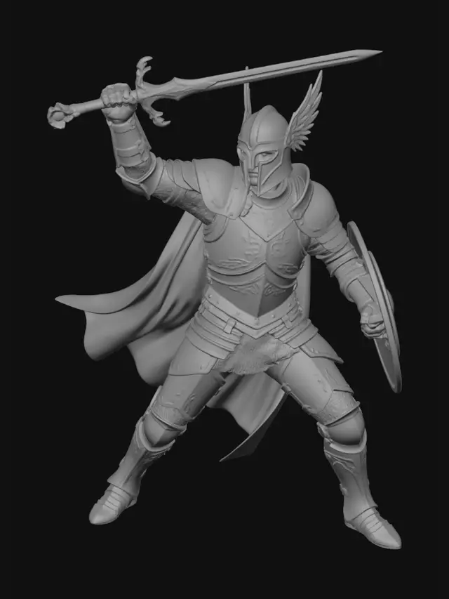 3D model for male knight ornate plate mail armour ornate longsword with a dragon claw pommel holding a sphere  right arm attacking over head angled behind  round shield in left hand wide battle stance open face winged helm