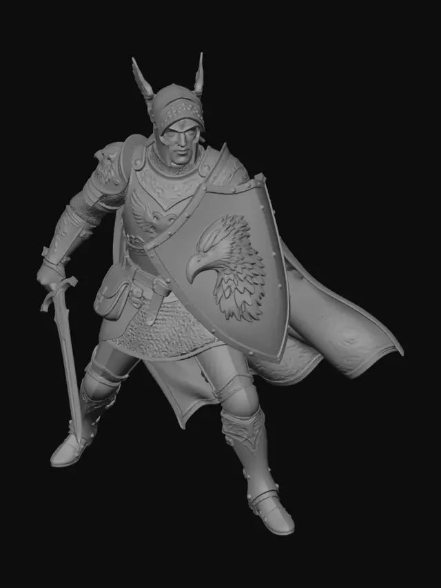 3D model for male in chainmail and chainmail leggings ornate breastplate with embossed eagle head upper vambrace ornate lower vambrace ornate bracers pauldrons leather gloves leather boots open face sallet helm with eagle wings kite shield with embossed eagles head in left hand ornate broadsword in right hand ornate patterned cloak wide battle stance pouch on left hip hanging from belt