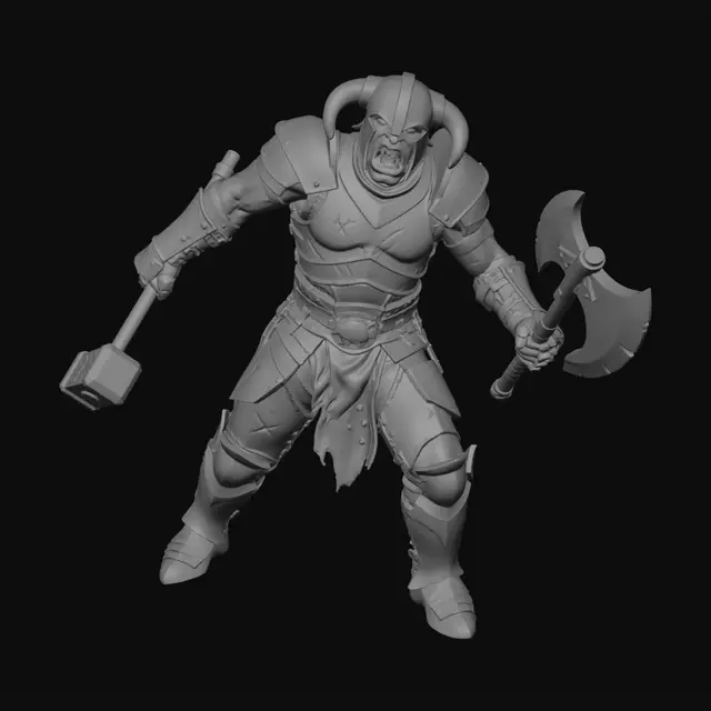 3D model for male orc in plate armour axe in right hand warhammer in left hand attacking pose