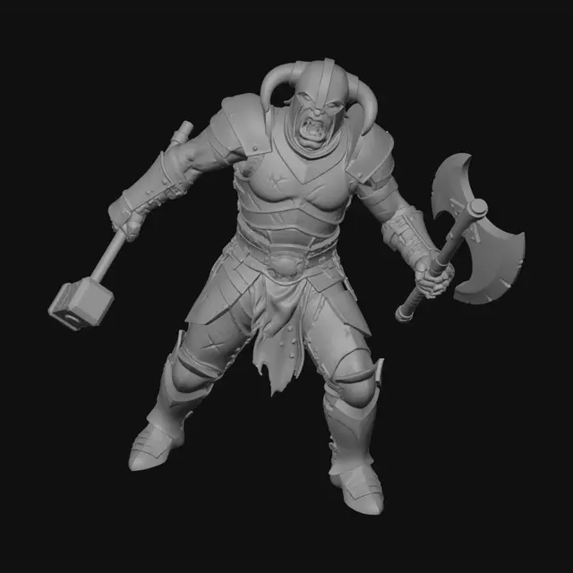 3D model for male orc in plate armour axe in right hand warhammer in left hand attacking pose