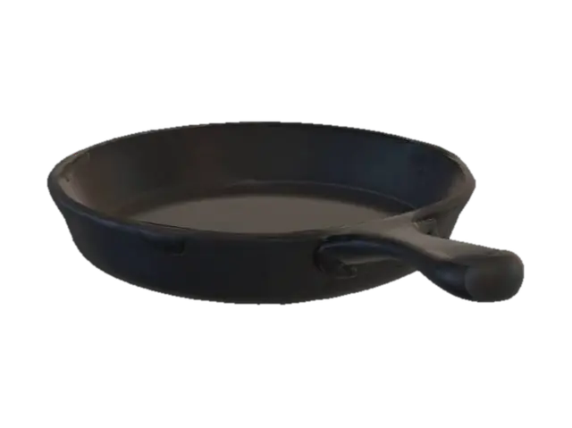 cast iron frying pan, short handle, flat circular pan head, slightly worn, game… 3D model, vytvořený pomocí AI