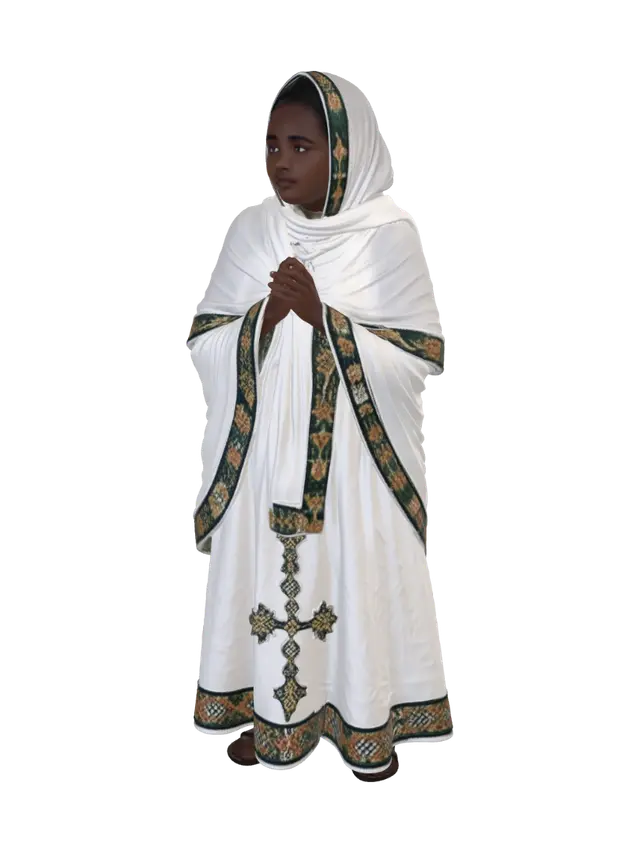 3D model for Traditional White Robe with Green and Gold Embroidered Trim