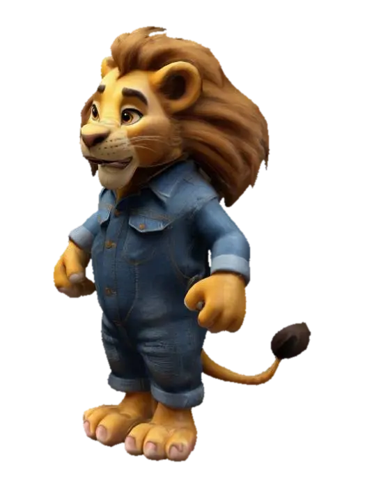 a 3D character lion king with denim coverall barefoot stylized cartoon 3D model, vytvořený pomocí AI