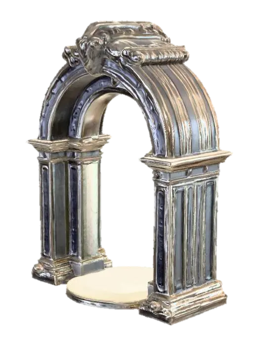 3D model for Магический портал в форме изящной арки, вырезанной из гладкого, темно-серого обсидиана, отполированного до зеркального блеска. Его поверхность на ощупь холодная и безупречно гладкая, а вдоль изгибов выгравированы тонкие, светящиеся синеватым светом руны, создающие ощущение едва уловимой вибрации. Внутри арки пульсирует бездонный вихрь чистой энергии, переливающейся от глубокого индиго до яркого бирюзового, излучающий легкое, почти неощутимое тепло.