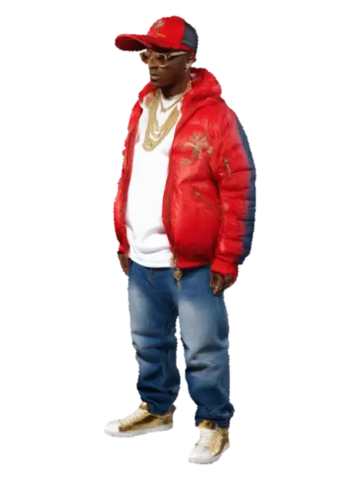 an African HipHop man wearing glasses and a baseball cap, a red puffy jacket with the… - Baggy 3D model, vytvořený pomocí AI