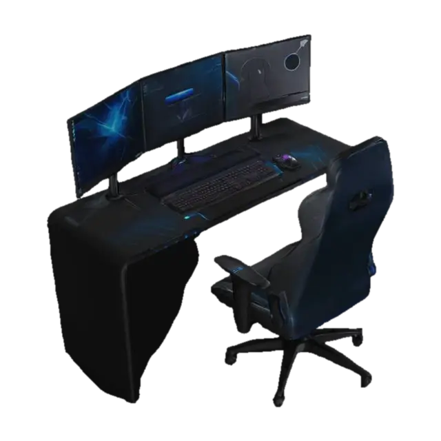 modern gaming pc desk setup with chair and monitors - Workspace 3D model, vytvořený pomocí AI