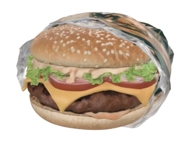 Patty Palace Burger in a wrapper 3D model, vytvořený pomocí AI