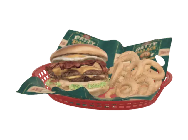 Patty Palace Double Cheeseburger with Bacon and Onion Rings - Pattypalace 3D model, vytvořený pomocí AI
