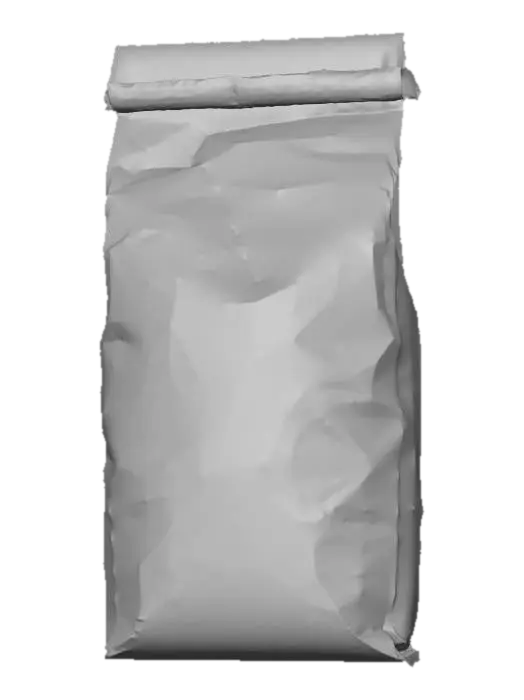 3D model for Hyper-realistic paper flour bag (5 lb), upright with slight slouch, creased folds, gusseted sides, stitched/heat-sealed top seam. Kraft paper texture with visible fibers, flour dusting near base, minor scuffs, crease whitening, tiny corner tears. Front branding: pun name “FLOUR POWER” in bold playful lettering. Mascot: fun original character—smiling flour cloud/bag with chef hat, tiny arms, tossing a pinch of flour like confetti. Palette: warm cream + wheat tan with one bright accent; small wheat icons and swirl patterns. Add packaging details: “ALL-PURPOSE FLOUR”, net wt, baking icons, nutrition facts, ingredients (placeholder), barcode, recycle icons, lot/exp stamp. Print: subtle halftone grain, slight ink rub along creases, seam overlap. PBR-ready: clean UVs, hi-res textures, accurate p