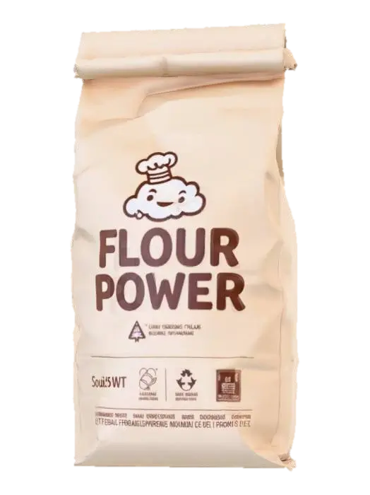 3D model for Hyper-realistic paper flour bag (5 lb), upright with slight slouch, creased folds, gusseted sides, stitched/heat-sealed top seam. Kraft paper texture with visible fibers, flour dusting near base, minor scuffs, crease whitening, tiny corner tears. Front branding: pun name “FLOUR POWER” in bold playful lettering. Mascot: fun original character—smiling flour cloud/bag with chef hat, tiny arms, tossing a pinch of flour like confetti. Palette: warm cream + wheat tan with one bright accent; small wheat icons and swirl patterns. Add packaging details: “ALL-PURPOSE FLOUR”, net wt, baking icons, nutrition facts, ingredients (placeholder), barcode, recycle icons, lot/exp stamp. Print: subtle halftone grain, slight ink rub along creases, seam overlap. PBR-ready: clean UVs, hi-res textures, accurate p