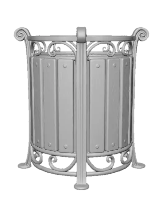3D model for Ornate Wood Slat Trash Bin with Wrought Iron Frame