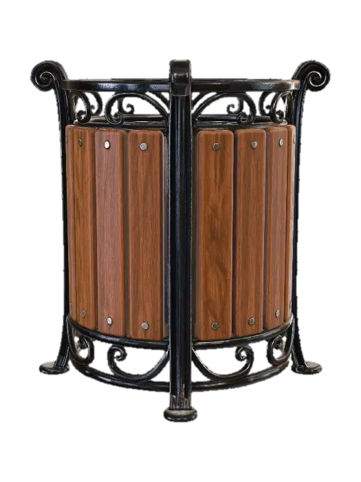3D model for Ornate Wood Slat Trash Bin with Wrought Iron Frame