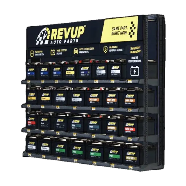 RevUp Auto Parts Battery Display - Marketing 3D model, vytvořený pomocí AI