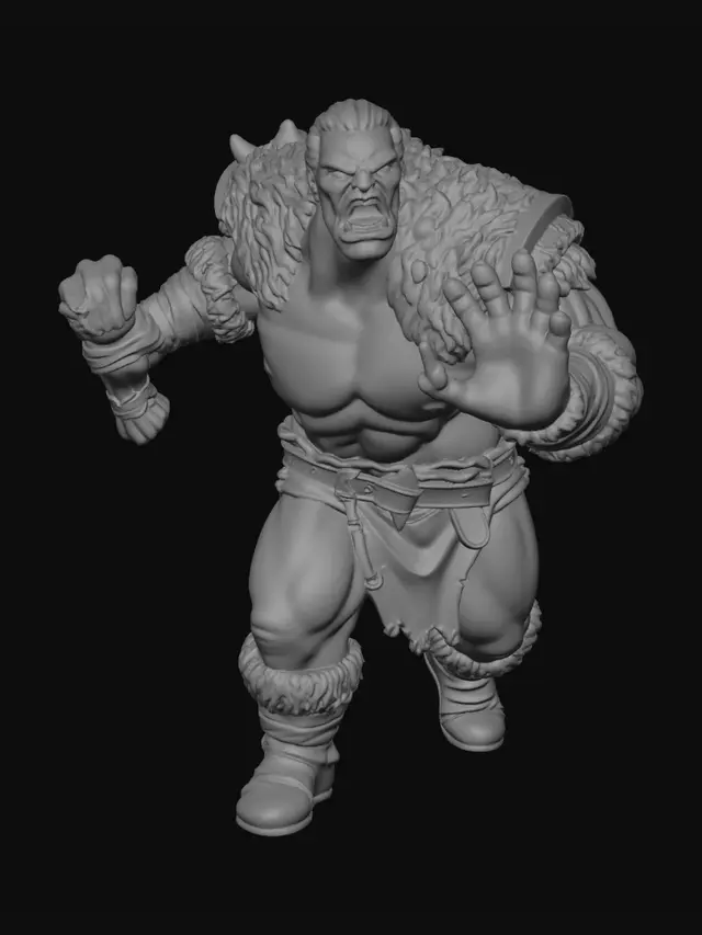 3D model for A muscular, angry fantasy barbarian miniature flattening his face and hands against a completely flat, invisible vertical wall. Dynamic comic-book style. Thick, chunky proportions, heroic scale, heavy muscles, wearing thick fur pauldrons. Both palms are pressed flat forward, squished against an invisible vertical plane. Symmetrical forward-facing action pose, leaning heavily forward. The back of the model is clean. Low overhangs, manifold mesh, optimized for FDM 3D printing