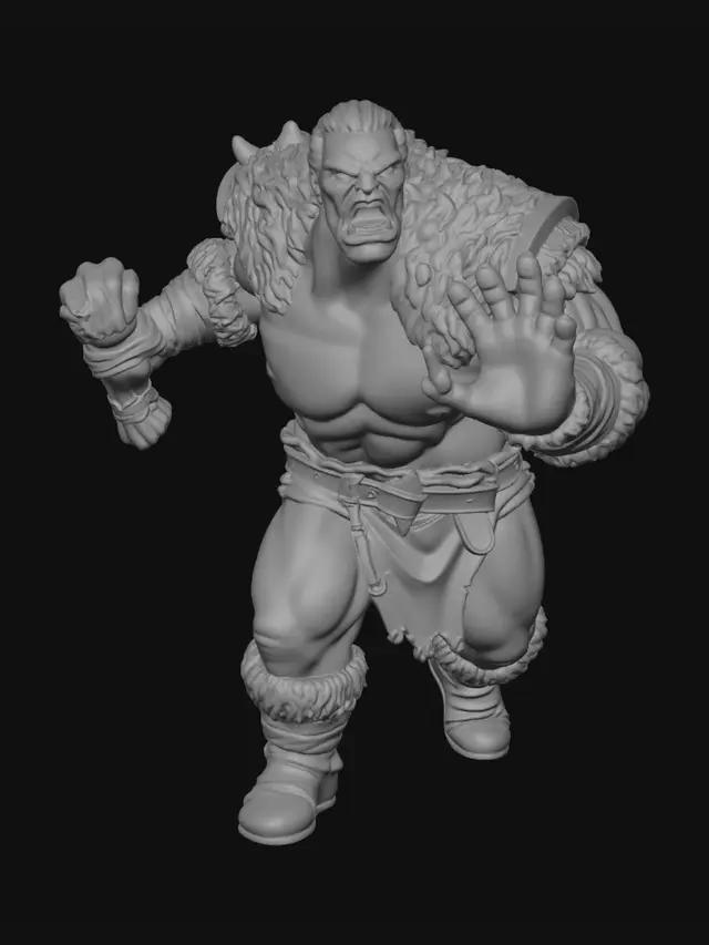 3D model for A muscular, angry fantasy barbarian miniature flattening his face and hands against a completely flat, invisible vertical wall. Dynamic comic-book style. Thick, chunky proportions, heroic scale, heavy muscles, wearing thick fur pauldrons. Both palms are pressed flat forward, squished against an invisible vertical plane. Symmetrical forward-facing action pose, leaning heavily forward. The back of the model is clean. Low overhangs, manifold mesh, optimized for FDM 3D printing