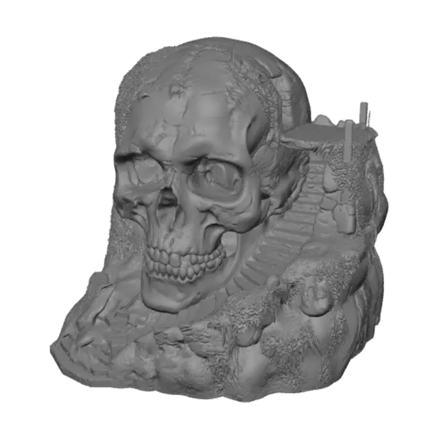 3D model for A skull Made from a rocky side of a hill with stairs climbing to the top. has moss and debris at on it.
