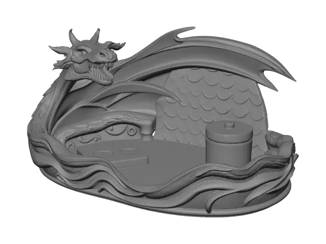3D model for A rolling tray shaped like a dragon’s lair, with engraved scales texture, glowing gemstone details, compartments for lighter, grinder, rolling papers, and a curved ash holder. Dark fantasy style, metallic finish, highly detailed.