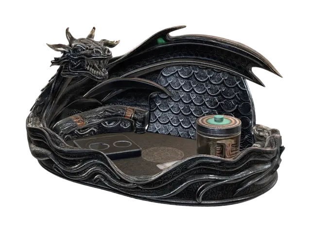 3D model for A rolling tray shaped like a dragon’s lair, with engraved scales texture, glowing gemstone details, compartments for lighter, grinder, rolling papers, and a curved ash holder. Dark fantasy style, metallic finish, highly detailed.
