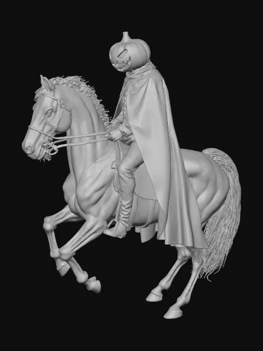 3D model for The Headless Horseman holding a scary pumpkin head in his right hand, while riding a skeleton horse. Horseman wears 17th century clothing, with a black cape blowing in the wind.  Model must show horse Rearing.