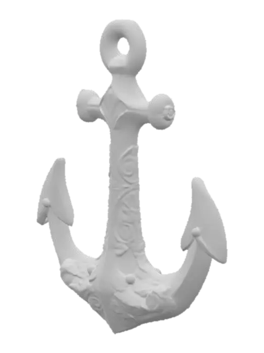 3D model for Een sierlijk gedecoreerd scheepsanker, gegoten uit glanzend gepolijst brons met een warme, goudbruine tint. Het oppervlak is overvloedig versierd met diepe, ingewikkelde gravures van zeemeerminnen, golvende zeewierpatronen en delicate schelpmotieven. Deze artistieke details transformeren de klassieke vorm tot een waar kunstwerk. De textuur is luxueus glad waar de gravures het oppervlak sieren, met elke lijn en curve die met precisie is uitgesneden. Het object straalt tijdloze elegantie uit en voelt koel en verfijnd aan.