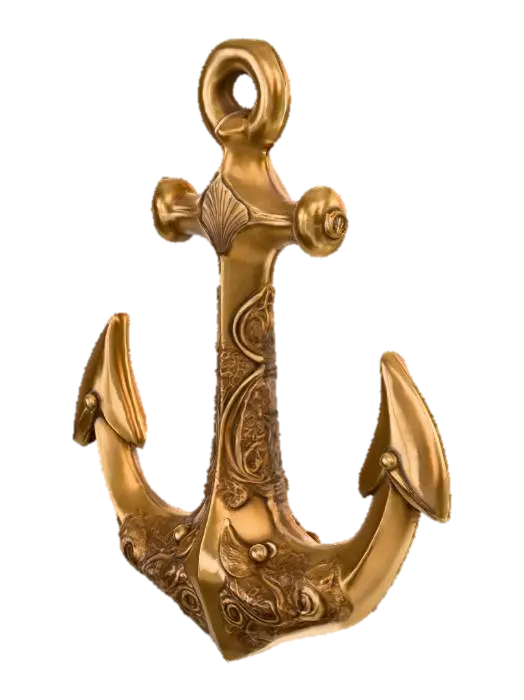 3D model for Een sierlijk gedecoreerd scheepsanker, gegoten uit glanzend gepolijst brons met een warme, goudbruine tint. Het oppervlak is overvloedig versierd met diepe, ingewikkelde gravures van zeemeerminnen, golvende zeewierpatronen en delicate schelpmotieven. Deze artistieke details transformeren de klassieke vorm tot een waar kunstwerk. De textuur is luxueus glad waar de gravures het oppervlak sieren, met elke lijn en curve die met precisie is uitgesneden. Het object straalt tijdloze elegantie uit en voelt koel en verfijnd aan.