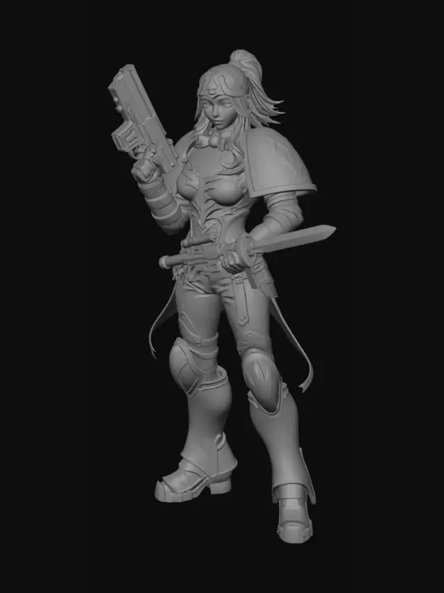 3D model for Quiero un todo poderoso ultramarine primaris del universo de 40k clasico armado con una pistola bolter y una espada de plasma, en posse táctica defensiva la armadura y su posse será un poco femenina el torso se contorneara en la armadura el busto de mujer