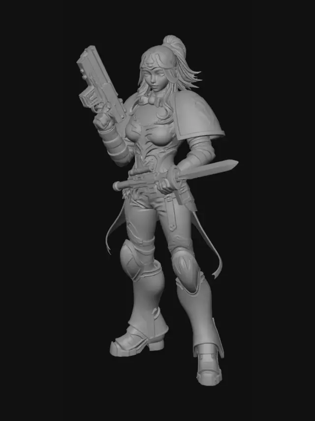 3D model for Quiero un todo poderoso ultramarine primaris del universo de 40k clasico armado con una pistola bolter y una espada de plasma, en posse táctica defensiva la armadura y su posse será un poco femenina el torso se contorneara en la armadura el busto de mujer
