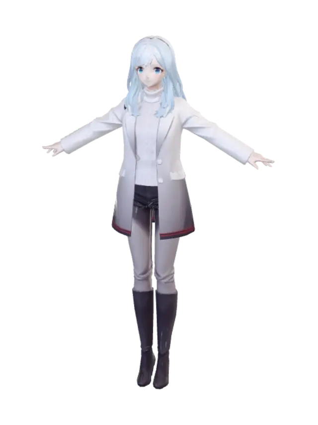 Open Arms in a Navy Coat - Bluehair 3D model, vytvořený pomocí AI