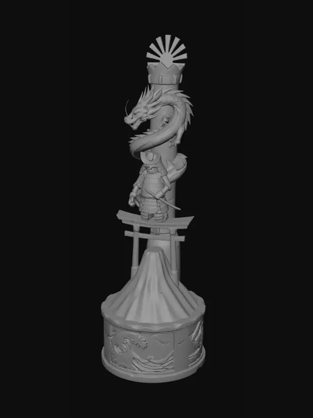 3D model for Japanese national pride totem, monumental vertical sculpture, circular stone base with Great Wave engravings, stylized Mount Fuji, red torii gate ring, ceremonial samurai statue, majestic Japanese dragon coiling around the upper section, rising sun crown at the top, cultural heritage monument, tournament landmark, highly detailed carvings, clean silhouette, stylized 3D sculpture, award-winning design, game-ready asset, front view and 360-degree appeal