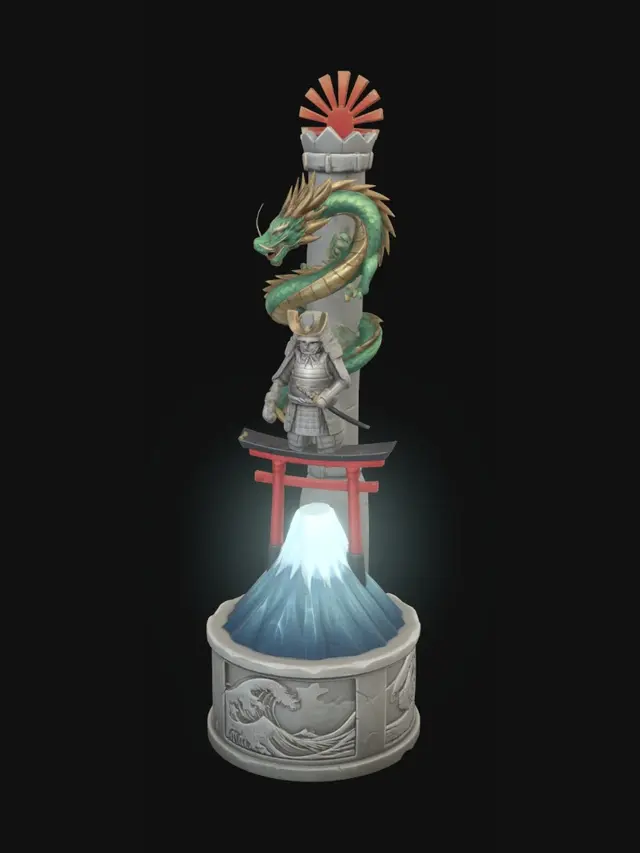 3D model for Japanese national pride totem, monumental vertical sculpture, circular stone base with Great Wave engravings, stylized Mount Fuji, red torii gate ring, ceremonial samurai statue, majestic Japanese dragon coiling around the upper section, rising sun crown at the top, cultural heritage monument, tournament landmark, highly detailed carvings, clean silhouette, stylized 3D sculpture, award-winning design, game-ready asset, front view and 360-degree appeal