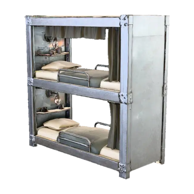 1930s airship bunk beds, two-tier steel frame with riveted edges, canvas… - Utilitarian 3D model, vytvořený pomocí AI