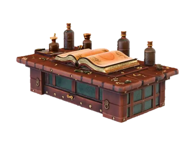 一个魔法工作台上放这许多魔法药剂和魔法书, - Workspace 3D model, vytvořený pomocí AI