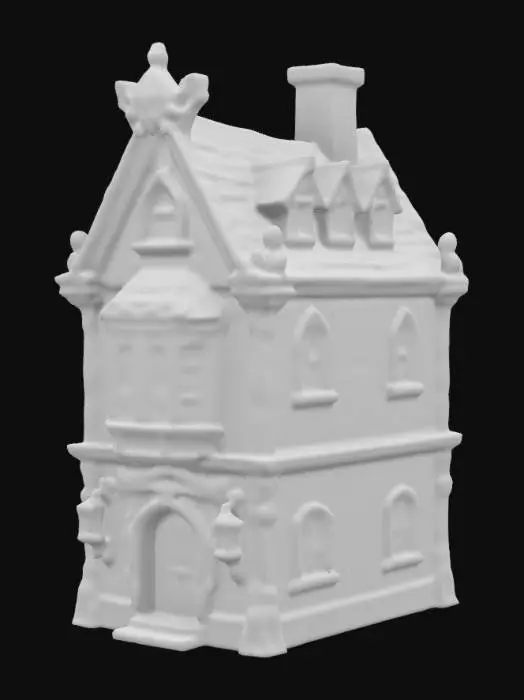 3D model for #ChronoForgeWeapon#, The ChronoForge 3 story brick building with gothic windows on each side ultra high detail, cracks at joints & edges, sharp outside edges, very sharp inside edges, extremely exaggerated small details, multiple layers of large bricks, multiple layers of decorative ledges, proportional, ultra high detail large gargoyles, brick & iron ledges, full color, 90 degree angles at window edges, realistic, Ultra gothic details, Highly Detailed, Fantasy, lanterns & fire, mid-evil gothic