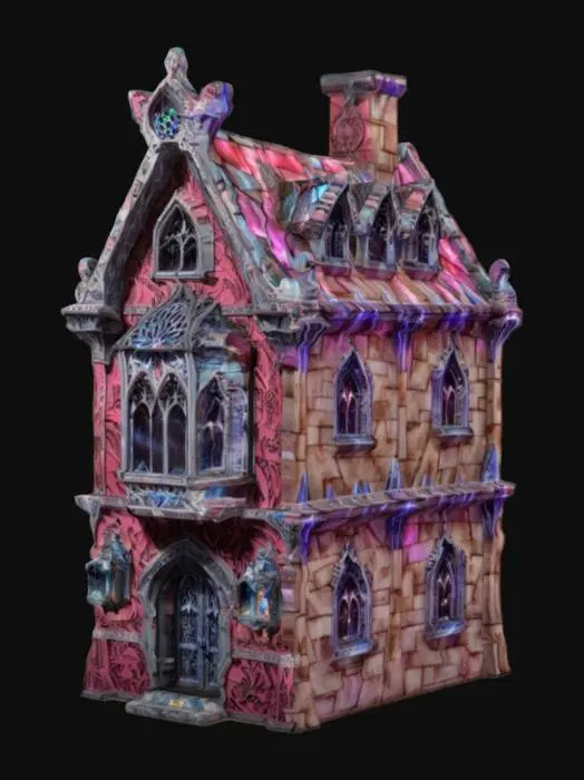 3D model for #ChronoForgeWeapon#, The ChronoForge 3 story brick building with gothic windows on each side ultra high detail, cracks at joints & edges, sharp outside edges, very sharp inside edges, extremely exaggerated small details, multiple layers of large bricks, multiple layers of decorative ledges, proportional, ultra high detail large gargoyles, brick & iron ledges, full color, 90 degree angles at window edges, realistic, Ultra gothic details, Highly Detailed, Fantasy, lanterns & fire, mid-evil gothic