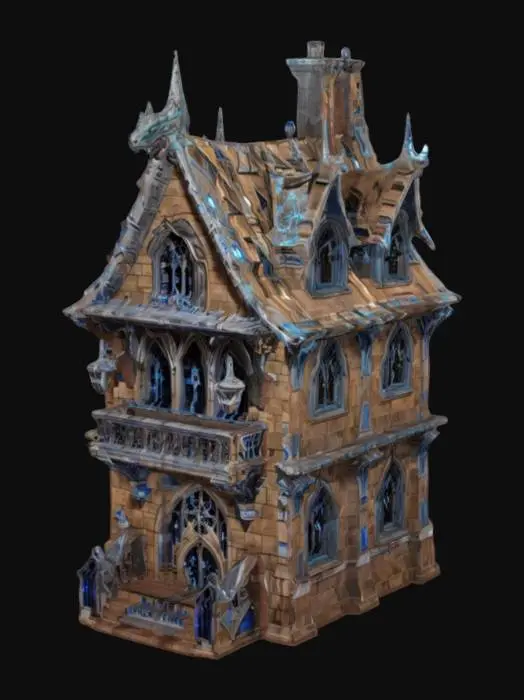 3D model for #ChronoForgeWeapon#, The ChronoForge 3 story brick building with gothic windows on each side ultra high detail, cracks at joints & edges, sharp outside edges, very sharp inside edges, extremely exaggerated small details, multiple layers of large bricks, multiple layers of decorative ledges, proportional, ultra high detail large gargoyles, brick & iron ledges, full color, 90 degree angles at window edges, realistic, Ultra gothic details, Highly Detailed, Fantasy, lanterns & fire, mid-evil gothic