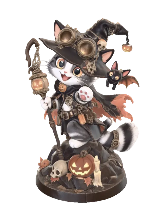 Steampunk Halloween Witch Cat – Cute 3D Print Figure - Catlike 3D model, vytvořený pomocí AI
