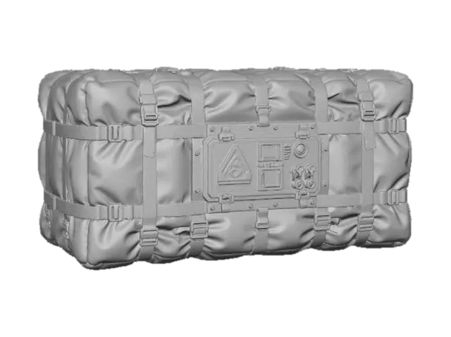 3D model for Large futuristic sci-fi cargo package wrapped in thick, soft, insulated padding designed to absorb impact and cushion falls. Outer material is dark gray-black fabric with a subtle hexagonal pattern, slightly wrinkled and compressed, showing soft structure and resilience. Multiple heavy-duty straps wrap around the cargo, colored semi-high-visibility red with metal buckles and tensioners. A hard industrial control and labeling panel is mounted on the long forward-facing side, featuring a hazard symbol, small screens, and mechanical latches. The package should feel heavy but soft-shelled, suitable for heat, cold, and shock protection. Top-lit studio lighting, isolated on white background, ultra-detailed textures, no environment.