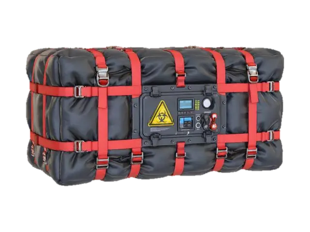3D model for Large futuristic sci-fi cargo package wrapped in thick, soft, insulated padding designed to absorb impact and cushion falls. Outer material is dark gray-black fabric with a subtle hexagonal pattern, slightly wrinkled and compressed, showing soft structure and resilience. Multiple heavy-duty straps wrap around the cargo, colored semi-high-visibility red with metal buckles and tensioners. A hard industrial control and labeling panel is mounted on the long forward-facing side, featuring a hazard symbol, small screens, and mechanical latches. The package should feel heavy but soft-shelled, suitable for heat, cold, and shock protection. Top-lit studio lighting, isolated on white background, ultra-detailed textures, no environment.