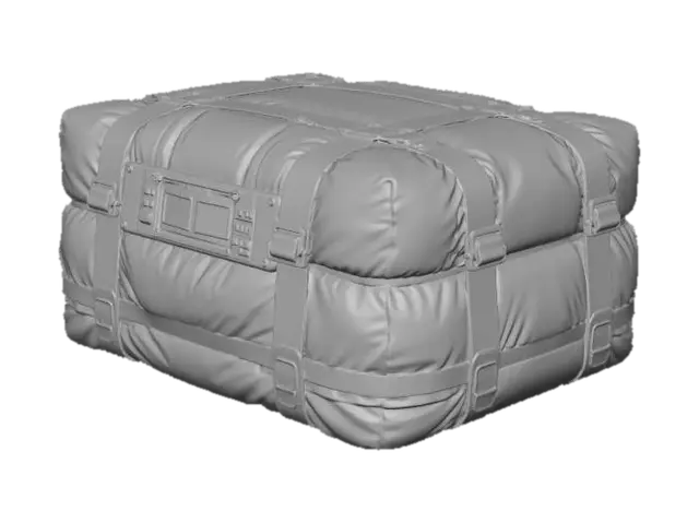 3D model for Large futuristic sci-fi cargo package wrapped in thick, soft, insulated padding designed to absorb impact and cushion falls. Outer material is dark gray-black fabric with a subtle hexagonal pattern, slightly wrinkled and compressed, showing soft structure and resilience. Multiple heavy-duty straps wrap around the cargo, colored semi-high-visibility red with metal buckles and tensioners. A hard industrial control and labeling panel is mounted on the long forward-facing side, featuring a hazard symbol, small screens, and mechanical latches. The package should feel heavy but soft-shelled, suitable for heat, cold, and shock protection. Top-lit studio lighting, isolated on white background, ultra-detailed textures, no environment.